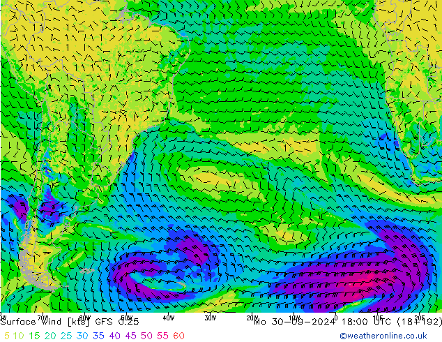 wiatr 10 m GFS 0.25 pon. 30.09.2024 18 UTC