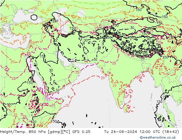 Z500/Rain (+SLP)/Z850 GFS 0.25 wto. 24.09.2024 12 UTC