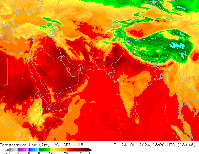 Nejnižší teplota (2m) GFS 0.25 Út 24.09.2024 18 UTC