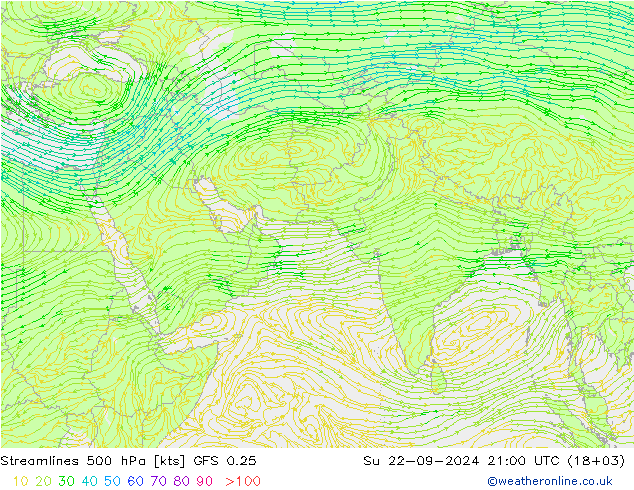 Streamlines 500 hPa GFS 0.25 Ne 22.09.2024 21 UTC