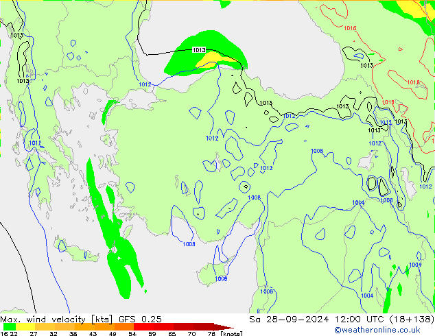 Max. wind velocity GFS 0.25 Sa 28.09.2024 12 UTC