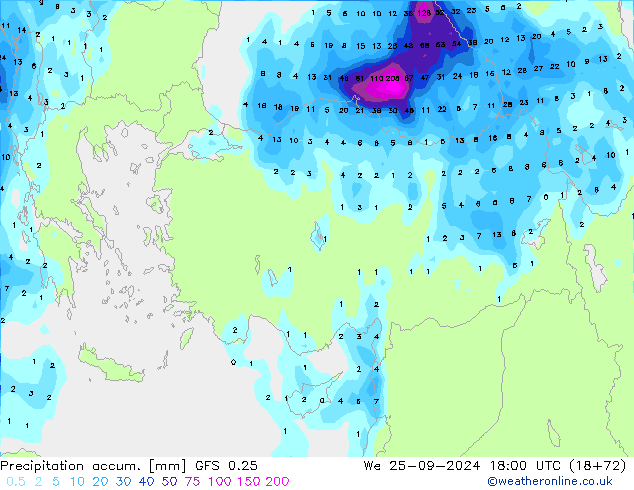 Precipitación acum. GFS 0.25 mié 25.09.2024 18 UTC