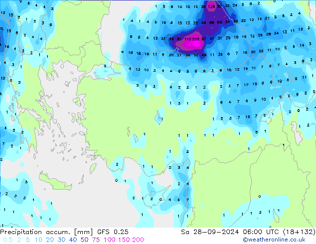 Precipitation accum. GFS 0.25 Sa 28.09.2024 06 UTC