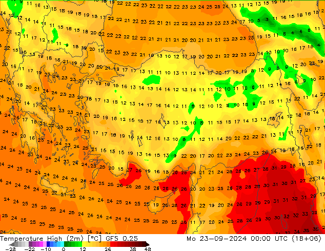 Maksimum Değer (2m) GFS 0.25 Pzt 23.09.2024 00 UTC