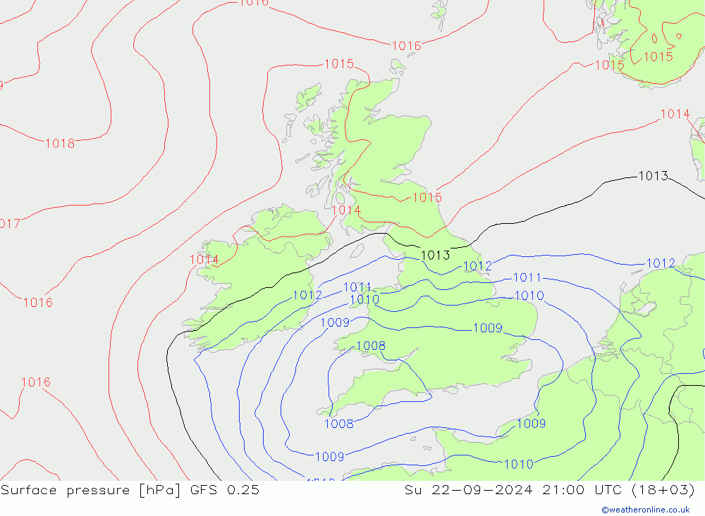 Pressione al suolo GFS 0.25 dom 22.09.2024 21 UTC