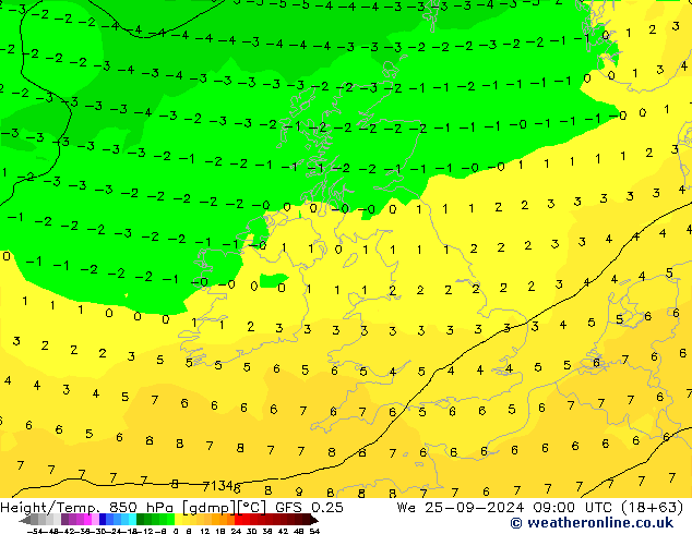 Z500/Rain (+SLP)/Z850 GFS 0.25  25.09.2024 09 UTC