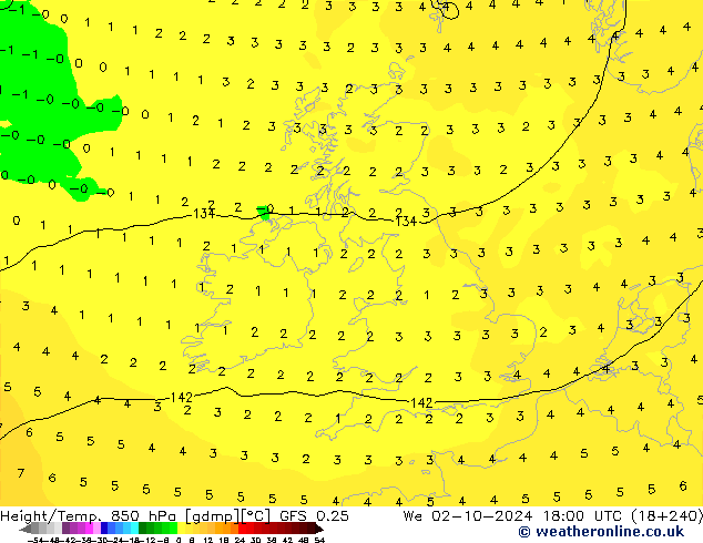 Height/Temp. 850 hPa GFS 0.25 We 02.10.2024 18 UTC