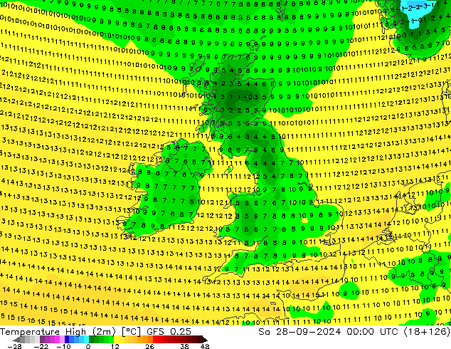 Temperature High (2m) GFS 0.25 Sa 28.09.2024 00 UTC