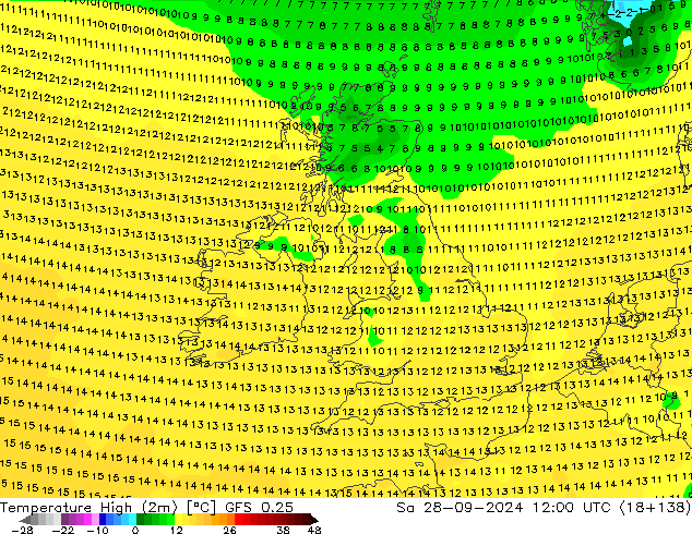 Max.temperatuur (2m) GFS 0.25 za 28.09.2024 12 UTC