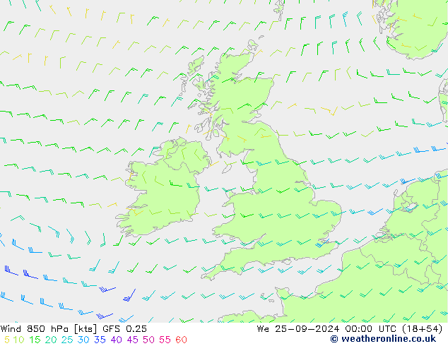 Viento 850 hPa GFS 0.25 mié 25.09.2024 00 UTC