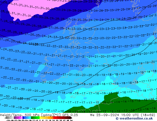 Z500/Rain (+SLP)/Z850 GFS 0.25 śro. 25.09.2024 15 UTC