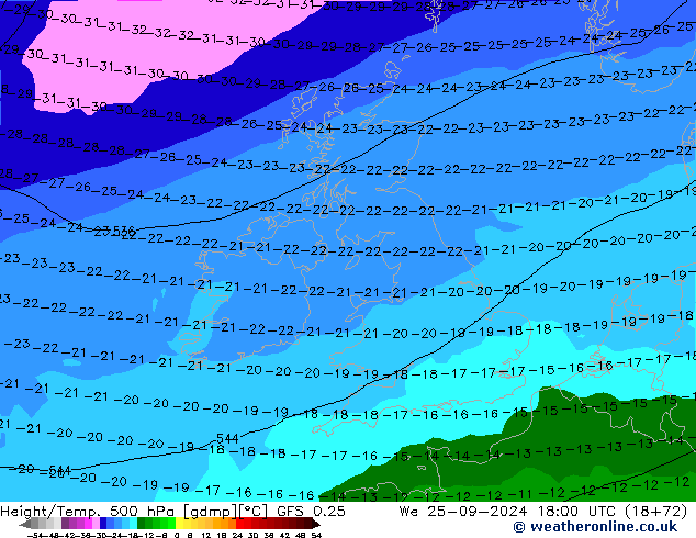 Z500/Rain (+SLP)/Z850 GFS 0.25 We 25.09.2024 18 UTC