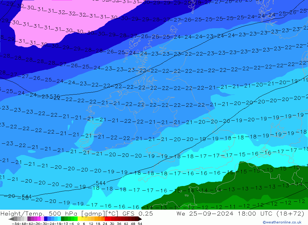 Z500/Rain (+SLP)/Z850 GFS 0.25 śro. 25.09.2024 18 UTC