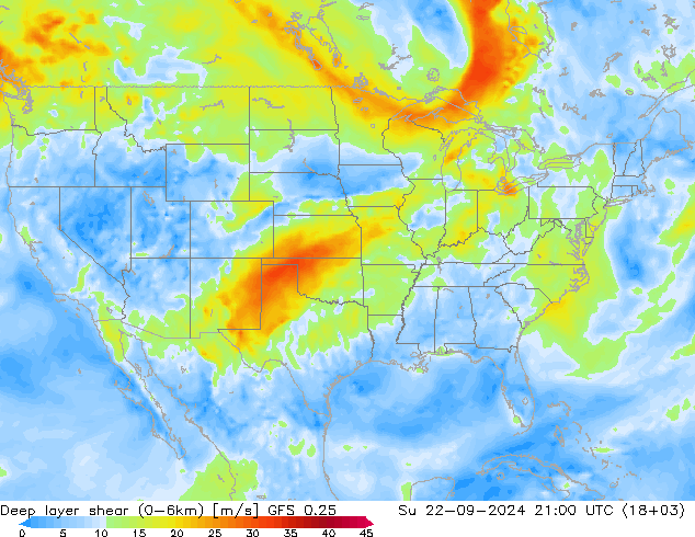 Deep layer shear (0-6km) GFS 0.25 Su 22.09.2024 21 UTC