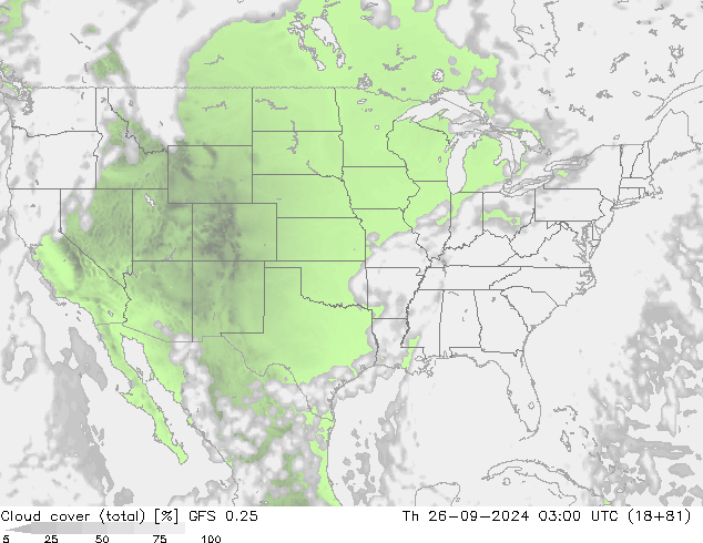 Nubi (totali) GFS 0.25 gio 26.09.2024 03 UTC