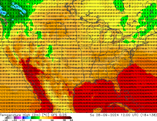 Max. Temperatura (2m) GFS 0.25 so. 28.09.2024 12 UTC