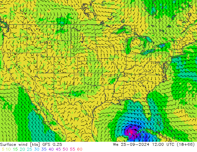 Surface wind GFS 0.25 We 25.09.2024 12 UTC