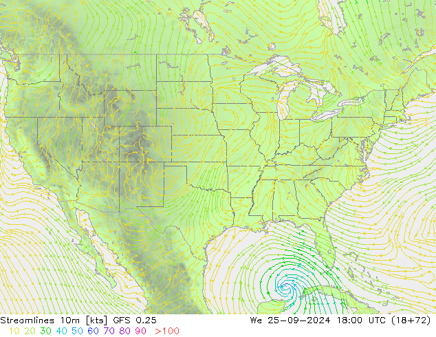 Streamlines 10m GFS 0.25 We 25.09.2024 18 UTC