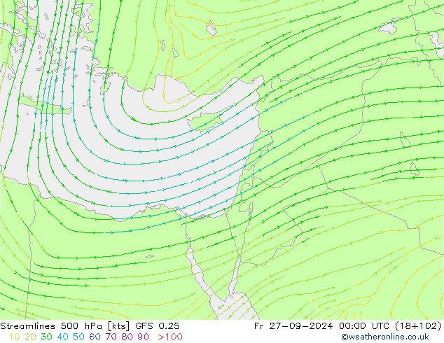 Linea di flusso 500 hPa GFS 0.25 ven 27.09.2024 00 UTC