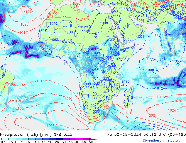 Precipitation (12h) GFS 0.25 Po 30.09.2024 12 UTC