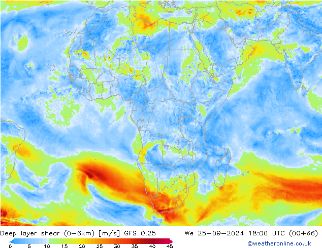 Deep layer shear (0-6km) GFS 0.25 We 25.09.2024 18 UTC