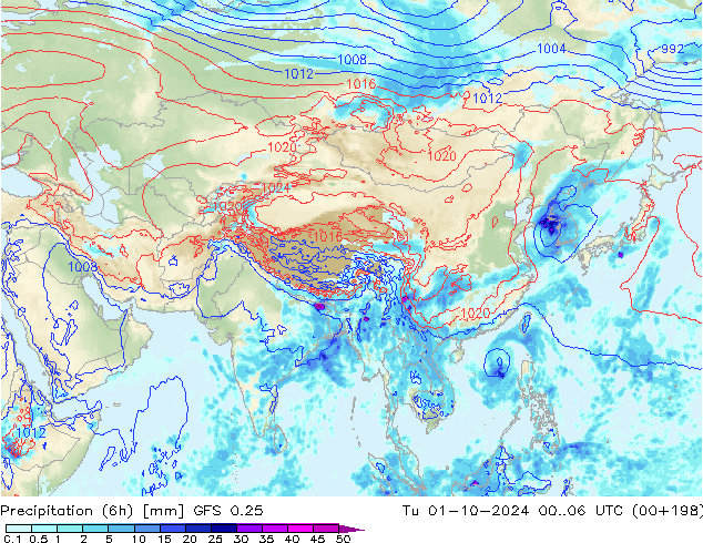 осадки (6h) GFS 0.25 вт 01.10.2024 06 UTC