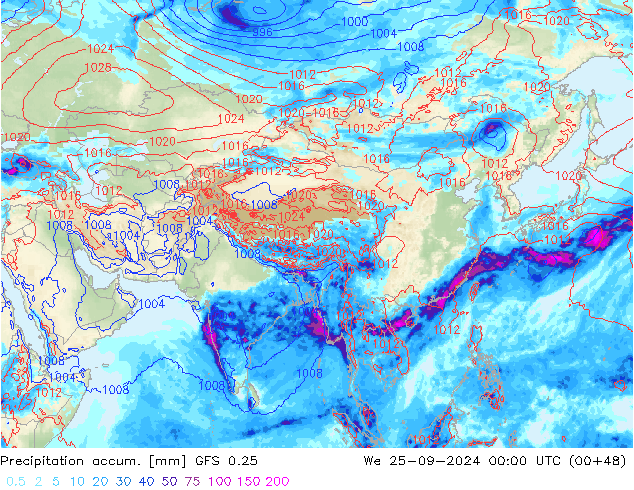 Precipitación acum. GFS 0.25 mié 25.09.2024 00 UTC