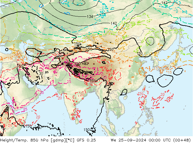 Height/Temp. 850 hPa GFS 0.25 mer 25.09.2024 00 UTC