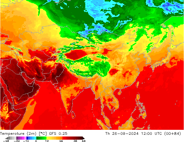 température (2m) GFS 0.25 jeu 26.09.2024 12 UTC