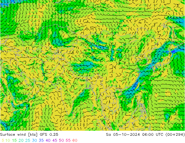 Surface wind GFS 0.25 So 05.10.2024 06 UTC