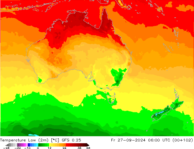 Temperature Low (2m) GFS 0.25 Fr 27.09.2024 06 UTC