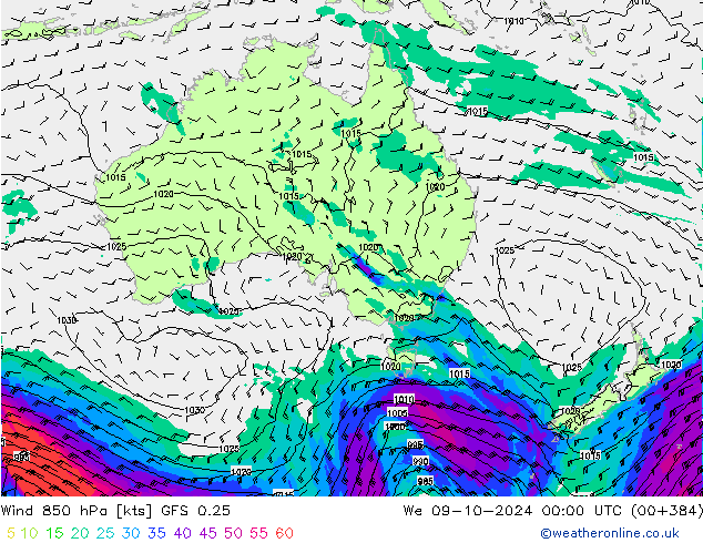 Vent 850 hPa GFS 0.25 mer 09.10.2024 00 UTC