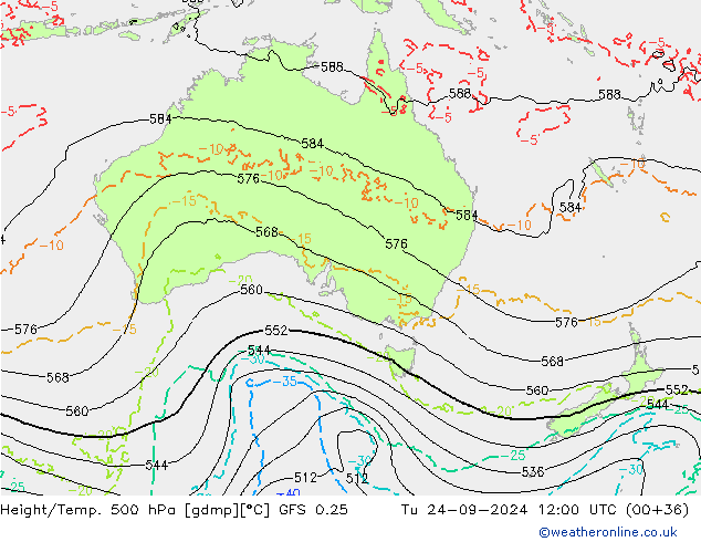 Z500/Rain (+SLP)/Z850 GFS 0.25 wto. 24.09.2024 12 UTC