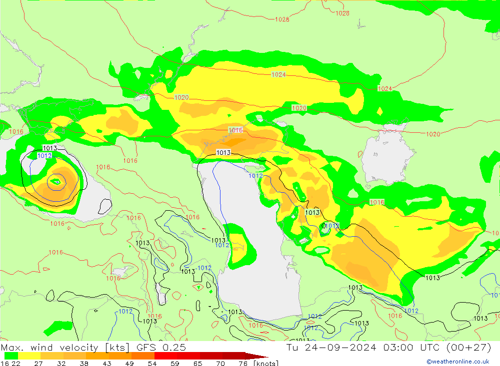 Max. wind snelheid GFS 0.25 di 24.09.2024 03 UTC