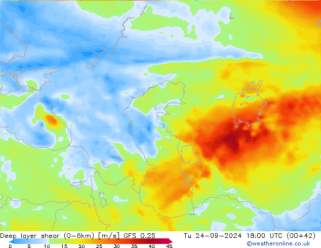 Deep layer shear (0-6km) GFS 0.25 Tu 24.09.2024 18 UTC