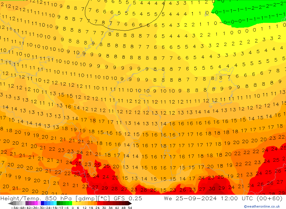 Z500/Rain (+SLP)/Z850 GFS 0.25  25.09.2024 12 UTC