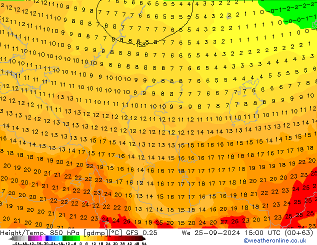 Height/Temp. 850 hPa GFS 0.25 Qua 25.09.2024 15 UTC