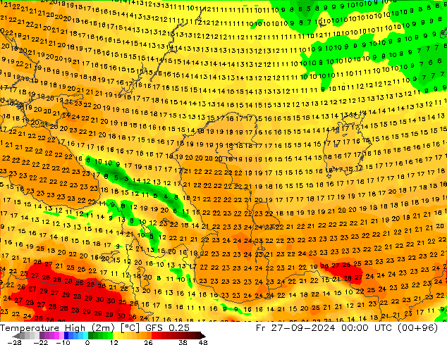 Temp. massima (2m) GFS 0.25 ven 27.09.2024 00 UTC