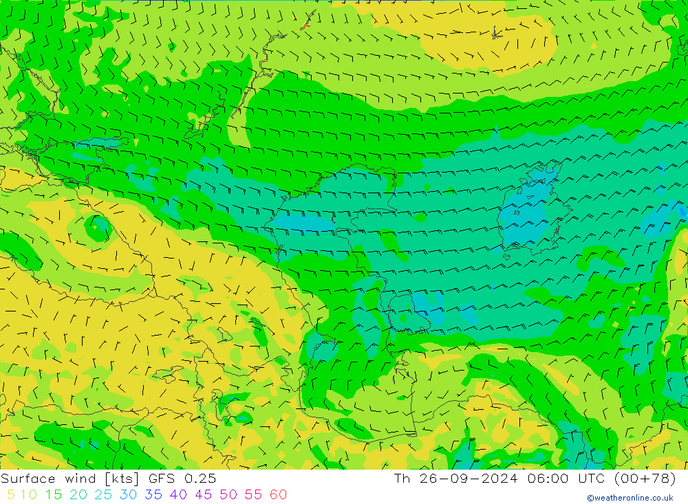 ветер 10 m GFS 0.25 чт 26.09.2024 06 UTC