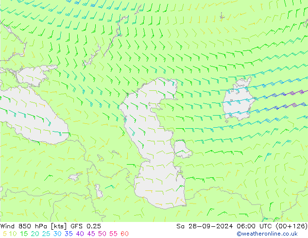 Wind 850 hPa GFS 0.25 za 28.09.2024 06 UTC