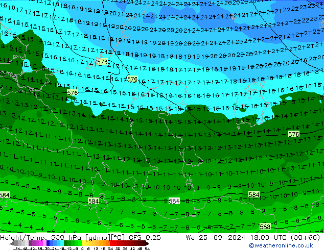 Z500/Rain (+SLP)/Z850 GFS 0.25 Qua 25.09.2024 18 UTC