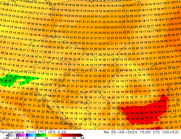 température (2m) GFS 0.25 mer 25.09.2024 15 UTC