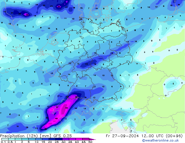 Precipitation (12h) GFS 0.25 Pá 27.09.2024 00 UTC