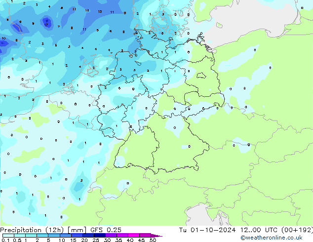 осадки (12h) GFS 0.25 вт 01.10.2024 00 UTC