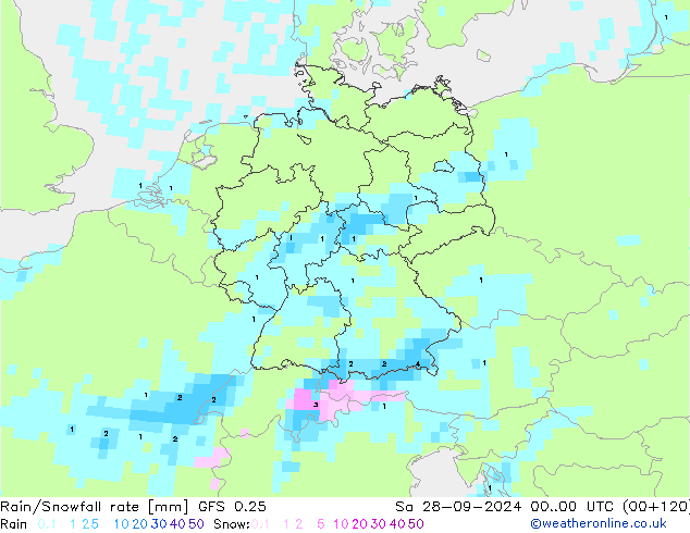 Rain/Snowfall rate GFS 0.25 So 28.09.2024 00 UTC