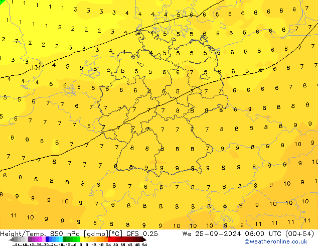 Z500/Rain (+SLP)/Z850 GFS 0.25 We 25.09.2024 06 UTC