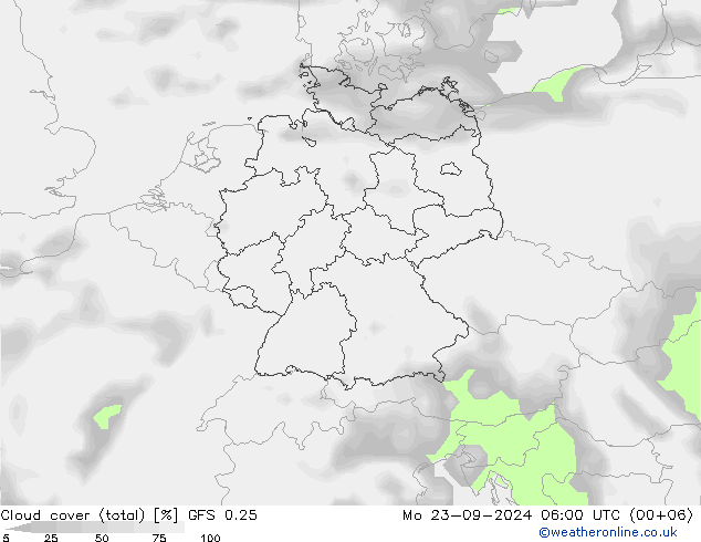 Cloud cover (total) GFS 0.25 Mo 23.09.2024 06 UTC