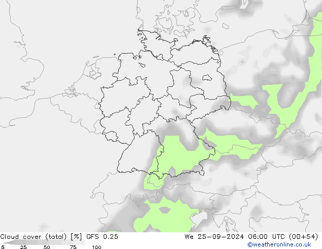 Cloud cover (total) GFS 0.25 St 25.09.2024 06 UTC