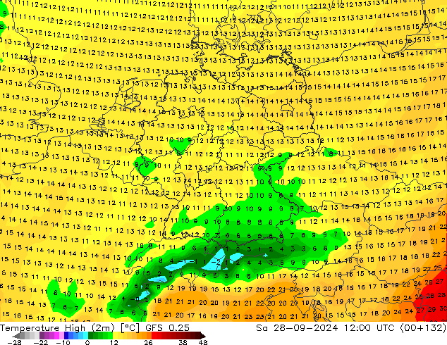 Maksimum Değer (2m) GFS 0.25 Cts 28.09.2024 12 UTC