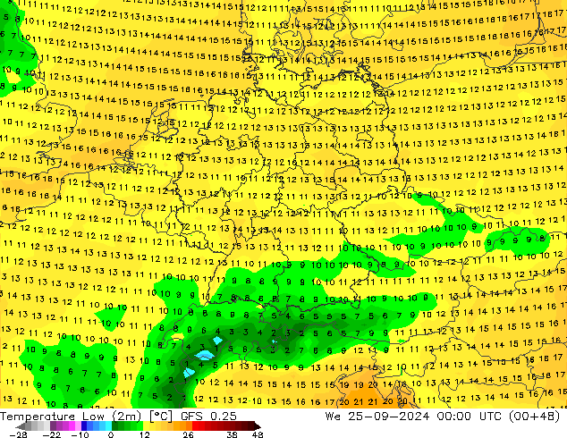 Min.temperatuur (2m) GFS 0.25 wo 25.09.2024 00 UTC